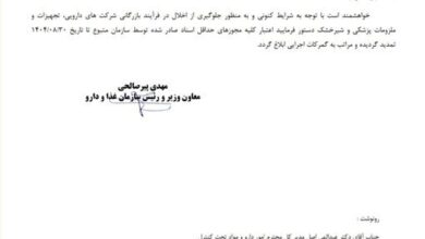 درخواست مهم رئیس سازمان غذا و داروی از گمرک + نامه