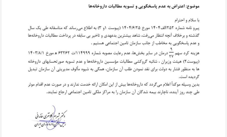 نامه اعتراض به تأمین اجتماعی ؛ داروخانه ها توانایی خدمت ندارند