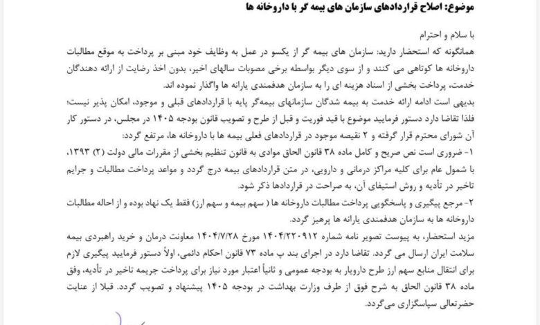 درخواست اصلاح قراردادهای بیمه با داروخانه ها + نامه