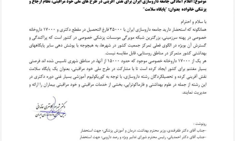 آماده سازی 17000 داروخانه برای تبدیل شدن به پایگاه سلامت + نامه