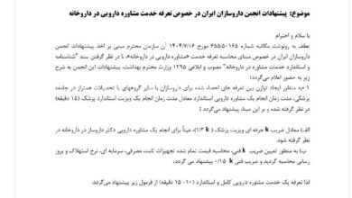 پیشنهاد نحوه تعیین تعرفه مشاوره دارویی + نامه