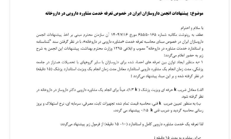 پیشنهاد نحوه تعیین تعرفه مشاوره دارویی + نامه