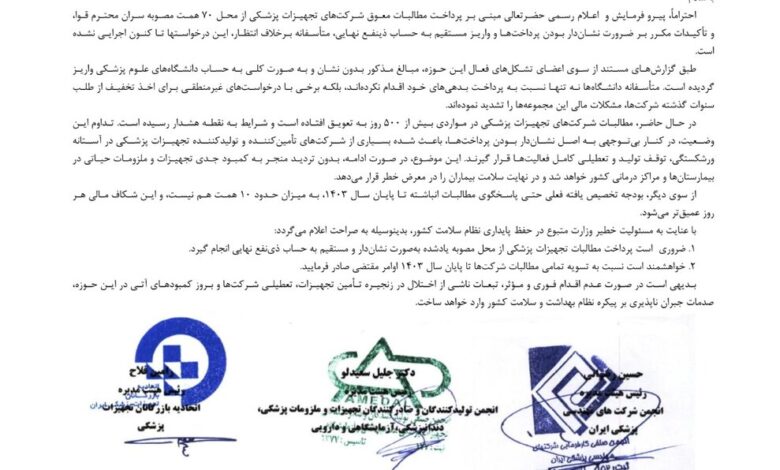 نامه سه سازمان تجهیزات پزشکی به ظفرکندی وضعیت بحرانی است