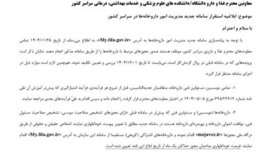 اطلاعیه راه اندازی سامانه جدید مدیریت امور داروخانه ها + نامه