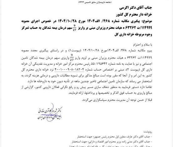 درخواست از خزانه برای واریز سهم درمان + نامه