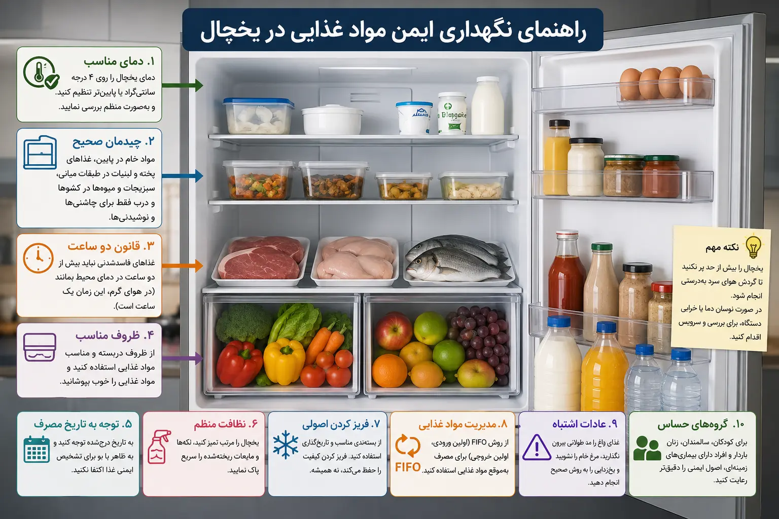 راهنمای کامل نگهداری ایمن مواد غذایی در یخچال؛ از تنظیم دما تا چیدمان و نظافت